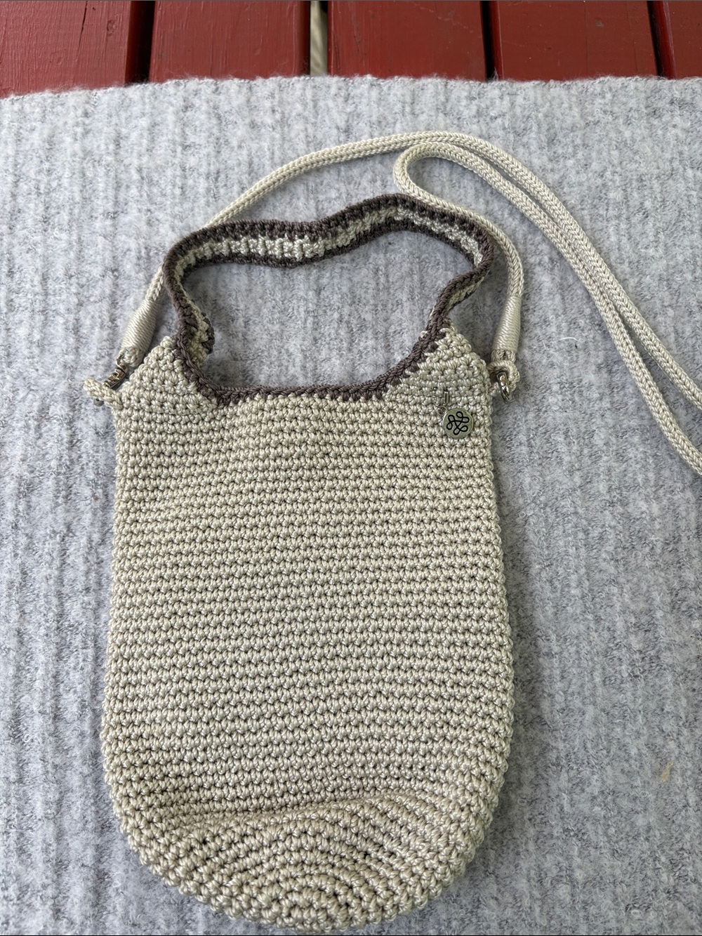 The Sak Cream Crochet Crossbody with Brown Trim and Strap